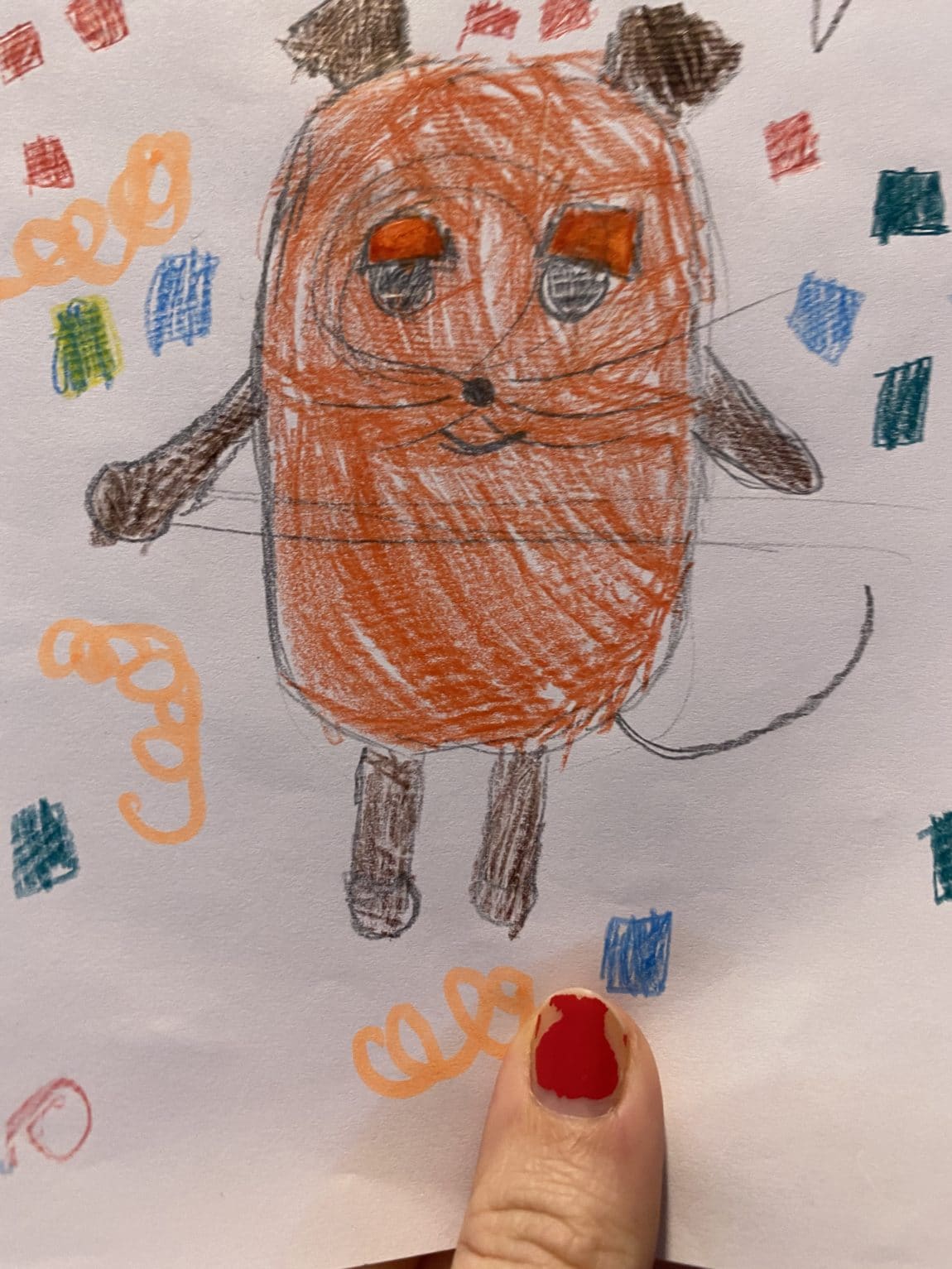 Gemeinsam feiern wir und das kleine Kind zeichnet Maus und Konfetti (Vorzeichnung von K1)