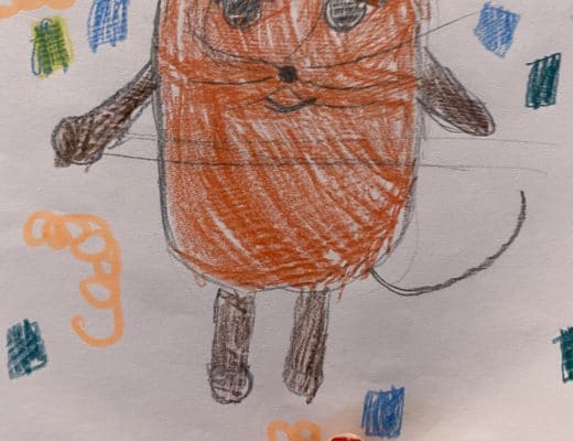 Gemeinsam feiern wir und das kleine Kind zeichnet Maus und Konfetti (Vorzeichnung von K1)