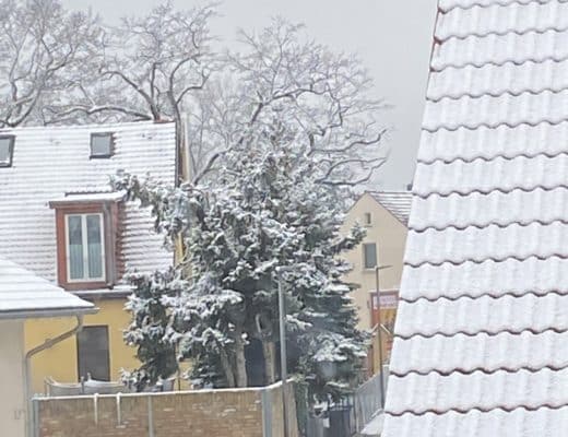 Hallo Sonntag. Ich habe Schnee auf den Häusern gesehen.