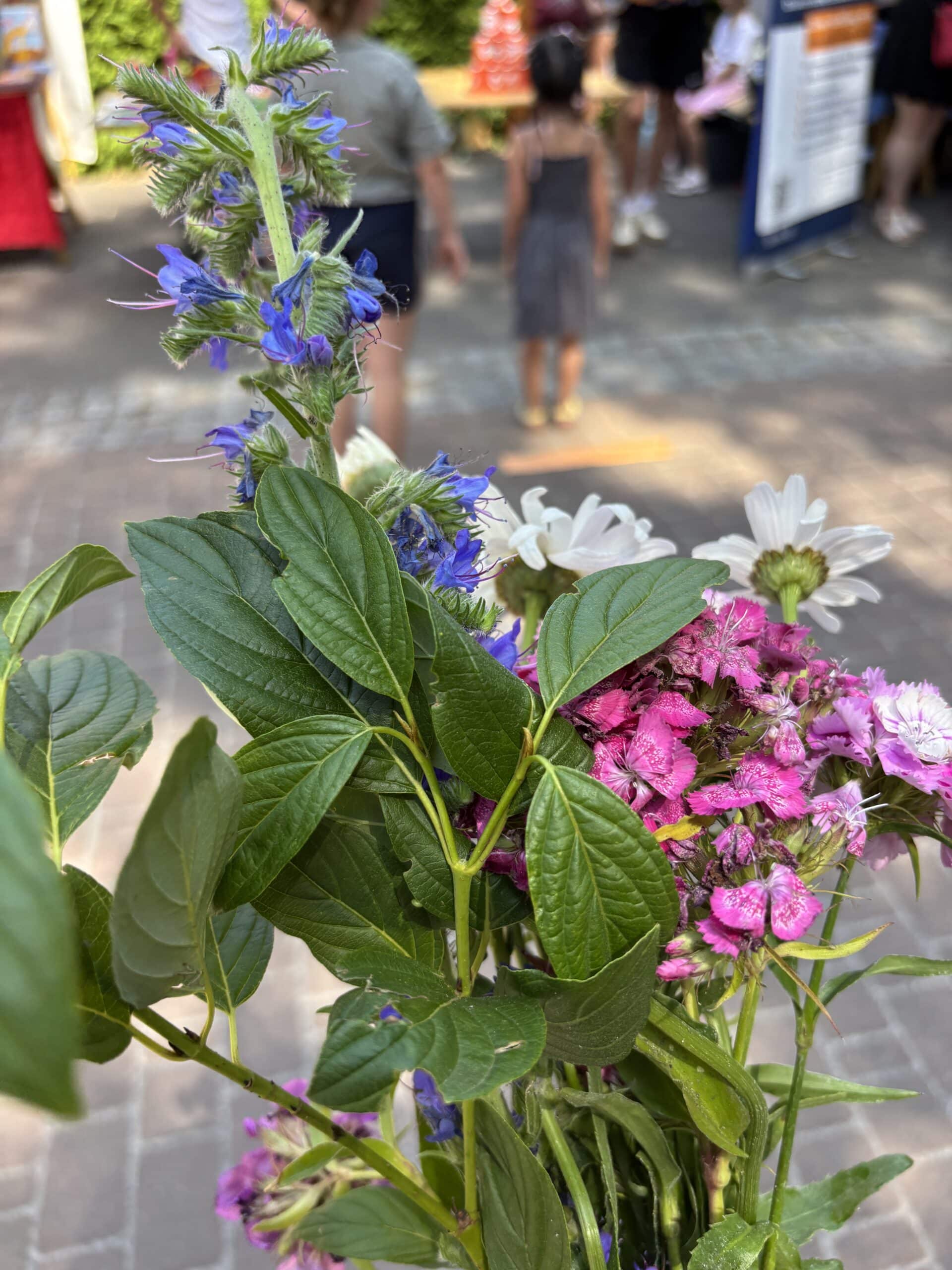 Die Kinder haben Spaß und wir kaufen Blumen.