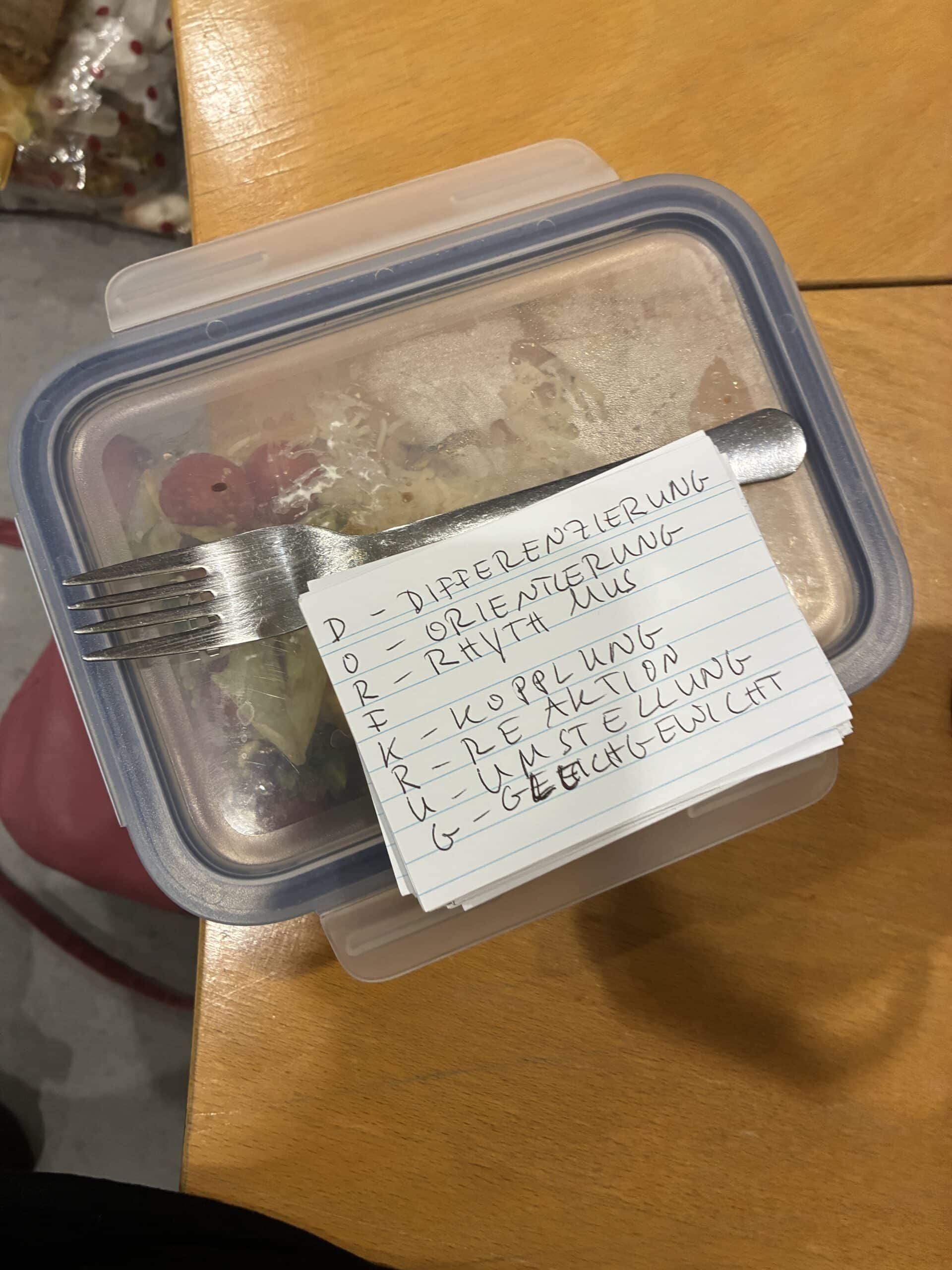 Immerhin hab ich gutes Essen dabei und meine Lernkarten.